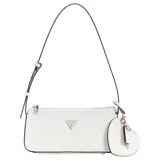 Cartera tipo baguette Guess modelo Isobel, color blanco con acabado texturizado. Presenta herrajes en tono dorado, logo triangular frontal y un charm colgante en forma de corazón. Incluye cierre superior y correa ajustable.
