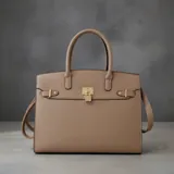 Cartera de mano color capuchino con textura granulada, diseño estructurado, doble asa superior y cierre frontal con candado metálico dorado.