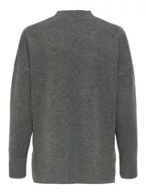 Sweater de punto gris oscuro con cuello alto, manga larga y diseño holgado. Presenta puños y cuello acanalados, con una textura suave y cómoda.