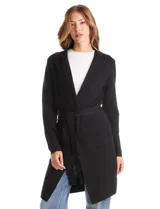 Chaqueta de punto negra con cuello solapa, frente abierto con lazo ajustable en la cintura y bolsillos frontales grandes.