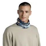 Cuello multifuncional Buff Original Ecostretch con estampado abstracto en tonos azul, gris, blanco y rosa.