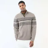 Sweater de punto en color beige con diseño jacquard geométrico en la parte superior. Presenta cuello chimenea con cierre frontal parcial y puños y ruedo acanalados.