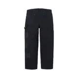 Pantalón Supreme estilo painter de corte regular, color negro, con apliques de cuero en tipografía gótica en la pierna izquierda y presillas para cinturón.