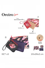 Set de tres necessaires Oreiro de distintos tamaños y colores, elaborados en material sintético. Incluye uno grande con estampado de labios, uno mediano color beige liso y uno pequeño rojo con estampa frontal.