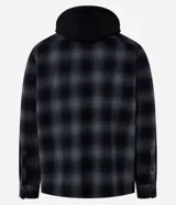 Camisa masculina de franela a cuadros en tonos grises y negros, con capucha con cordón ajustable, cierre frontal abotonado y mangas largas.