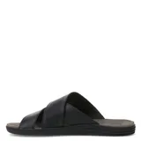 Sandalias de cuero para hombre con diseño de tiras cruzadas, una de ellas con textura perforada. Poseen base ergonómica y suela de goma antideslizante.