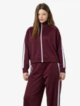 Campera deportiva de cuello alto con cierre frontal completo, mangas largas raglán con franjas laterales blancas en contraste y puños elásticos.