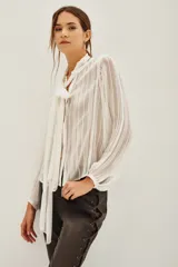 Camisa de transparencia con diseño a rayas verticales, cuello con lazo integrado y mangas largas abullonadas con puños ajustados.