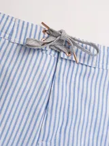 Short de baño para hombre con estampado de rayas verticales celestes y blancas. Posee pretina con cordón regulable, dos bolsillos laterales y un bolsillo trasero con cierre.
