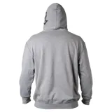 Canguro con capucha y cordones ajustables, de color gris melange, con bolsillo tipo canguro al frente y logo estampado de la marca Xcel en el pecho.
