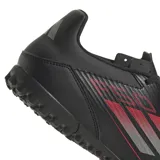 Championes de fútbol Adidas F50 Club TF, color negro con detalles en rojo y blanco. Diseñados para césped sintético.