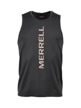 Musculosa deportiva negra de poliéster reciclado y spandex, con cuello redondo y logo Merrell vertical en el frente.
