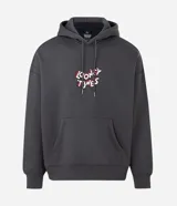 Buzo con capucha y bolsillo canguro, color gris oscuro, con estampa de Bugs Bunny en la espalda y logo de Looney Tunes.