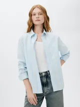 Camisa celeste a rayas verticales blancas, de manga larga y corte clásico.