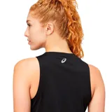 Musculosa Asics de mujer color negro con logo blanco estampado en el frente. Confeccionada con tejido de punto de secado rápido y materiales reciclados.