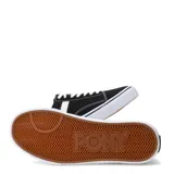 Championes urbanos Pony de corte bajo, color negro con detalles en blanco. Presentan el logo característico de la marca en el lateral, cordones blancos y suela de goma blanca con franja negra.