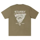 Remera de algodón color verde militar con corte relajado, cuello redondo reforzado y estampa gráfica en la espalda con un dragón y el logo de la marca.