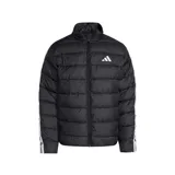 Campera puffer adidas Essentials Climwarm 3 Tiras, de color negro con bandas blancas en las mangas, cuello alto y cierre frontal completo.
