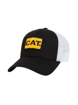 Gorra tipo trucker CAT modelo The Fall Guy Patch, de color negro con la parte trasera de malla blanca. Presenta un parche frontal bordado con el logo de CAT en fondo amarillo y letras negras.
