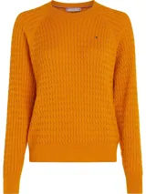 Sweater de punto trenzado Tommy Hilfiger, color mostaza, con cuello redondo, mangas raglán y detalles en canalé. Incluye el logo bordado en el pecho.