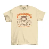 Remera de algodón color beige con estampa frontal gráfica en tonos naranja y marrón, que incluye el nombre de la banda La Delio Valdez, una figura con cuernos y la frase cumbia artesanal desde el corazón.