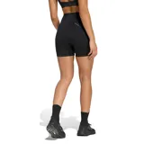 Calza corta deportiva Adidas de color negro, diseñada para running con tiro alto, cordón ajustable en la cintura y el logo reflectante de la marca en la pierna.