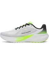 Championes de running Under Armour modelo Velociti Pace, color blanco con detalles en verde neón y negro. Presentan parte superior de malla transpirable, amortiguación HOVR reactiva para retorno de energía y suela de goma completa para mayor tracción.