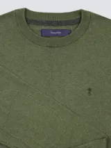 Buzo gris oscuro de algodón liviano, con cuello redondo y logo bordado en el pecho.