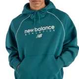 Canguro con capucha New Balance color verde, con mangas raglán, bolsillo frontal tipo canguro y logo estampado en el pecho. Presenta detalles de costuras en contraste y cordones ajustables en la capucha.