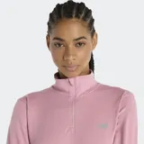 Camiseta deportiva de manga larga, color rosa claro, con cuello alto y cierre frontal parcial de un cuarto. Presenta orificios para los pulgares en los puños.