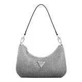 Cartera de mano Guess modelo Zalina, color plateado con textura metálica y logo triangular en el frente. Incluye correa desmontable negra.