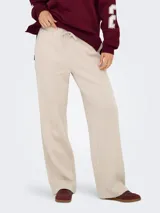 Pantalón jogger para mujer de tiro medio, pierna recta y wide leg, color beige, con cintura elástica y cordón ajustable.