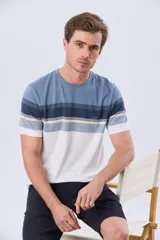 Remera de manga corta con diseño de franjas horizontales en tonos de gris, azul y beige, con escote redondo y pequeño bordado en el pecho.