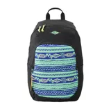 Mochila Rip Curl Ozone Cool 30L Raw Energy negra con estampado geométrico en azul y verde. Incluye compartimento principal con cierre, bolsillo frontal con cierre y bolsillos laterales de malla.