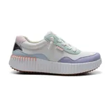 Championes Skechers Bobs Vista Eccentric Stroll de mujer. Zapatillas deportivas blancas con detalles en lila, celeste y rosa. Capellada de lona texturizada con cordones decorativos y plantilla Memory Foam.