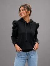 Hoodie azul marino confeccionado en poliéster con elastano, con capucha ajustable con cordones y mangas largas con diseño abullonado fruncido en los hombros.