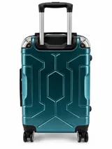 Valija rígida color verde turquesa con diseño geométrico texturizado, esquinas reforzadas, cuatro ruedas dobles y asa superior.