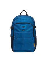 Mochila Caterpillar modelo Barry Backpack color azul, con diseño estampado geométrico sutil. Cuenta con compartimento principal amplio, bolsillo frontal con organizador, bolsillos laterales de malla, correas laterales de compresión y logo de la marca en el frente.