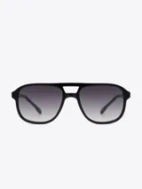 Lentes de sol negros estilo aviador con lentes degradadas de gris oscuro a transparente.