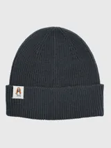 Gorro tipo beanie de punto acanalado en color azul oscuro, con vuelta en el borde y parche rectangular con el logo del perro de Hush Puppies.