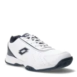 Championes deportivos Lotto, modelo de tenis, color blanco con detalles en azul marino. Presentan diseño con perforaciones laterales para ventilación, cierre con cordones y suela de goma con patrón de tracción.