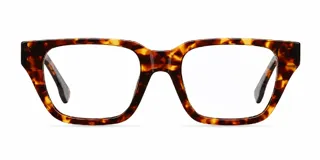 Lentes blueblocker con armazón cuadrado de bio acetato con estampado carey y micas transparentes.