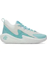 Championes de básquetbol Under Armour Curry 3Z7, con diseño en tonos blanco y turquesa. Presentan una combinación de cuero y malla transpirable en la parte superior, entresuela con tecnología Charged Cushioning para mayor amortiguación y suela de goma con patrón de tracción anatómico.