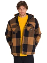 Chaqueta tipo camisa de franela con capucha, diseño a cuadros en tonos marrón y negro. Cuenta con cierre frontal a presión, bolsillos en el pecho con solapa y bolsillos laterales. Incluye logo de la marca en el bolsillo izquierdo.