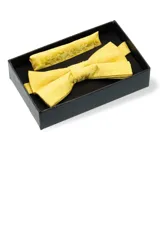 Moña amarilla con estampado floral y pañuelo de bolsillo a juego, presentados en caja negra.