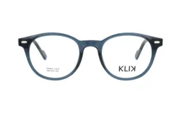 Anteojos de receta marca Klik, modelo 105AU, con armazón de acetato en color azul traslúcido y diseño de forma redondeada.