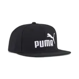 Gorra tipo snapback de color negro con visera plana y logo de la marca Puma bordado en blanco en el frente.