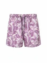 Short de baño de secado rápido con estampado floral en tonos lila y violeta, con cintura elástica y cordón ajustable bicolor.