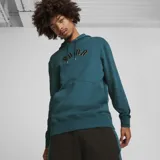 Buzo hoodie Puma Classics Play Paris, color verde azulado, con logo Puma bordado en el frente, bolsillo tipo canguro y puños acanalados.