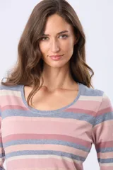 Remera de algodón de manga larga con escote redondo y estampado de rayas horizontales en tonos beige, rosado y azul. Presenta una pequeña abertura lateral en el dobladillo y un detalle de botón dorado.